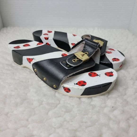 Rare Vtg 80'S Dr Scholls Red Black Lady Bug Hand Painted Sandals 7 Wood Leather - Picture 1 of 10